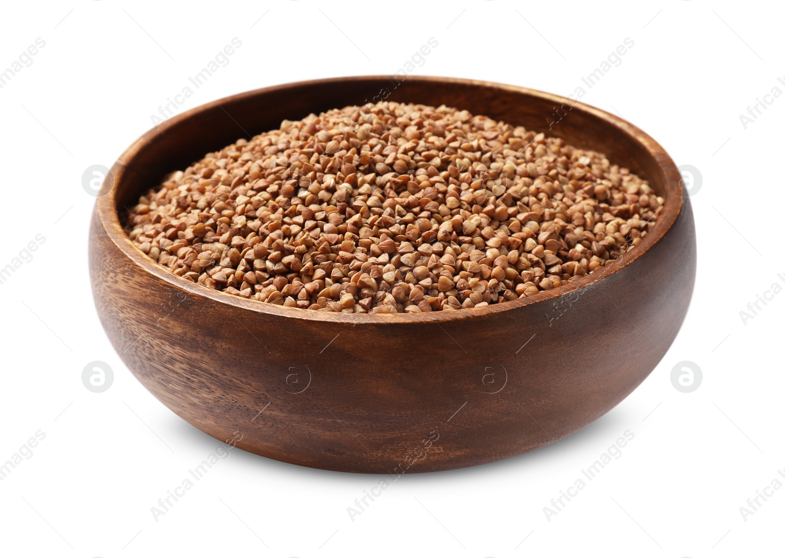 Photo of Bowl with dry buckwheat isolated on white