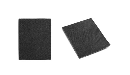 Image of Blank black clothing labels on white background, collage