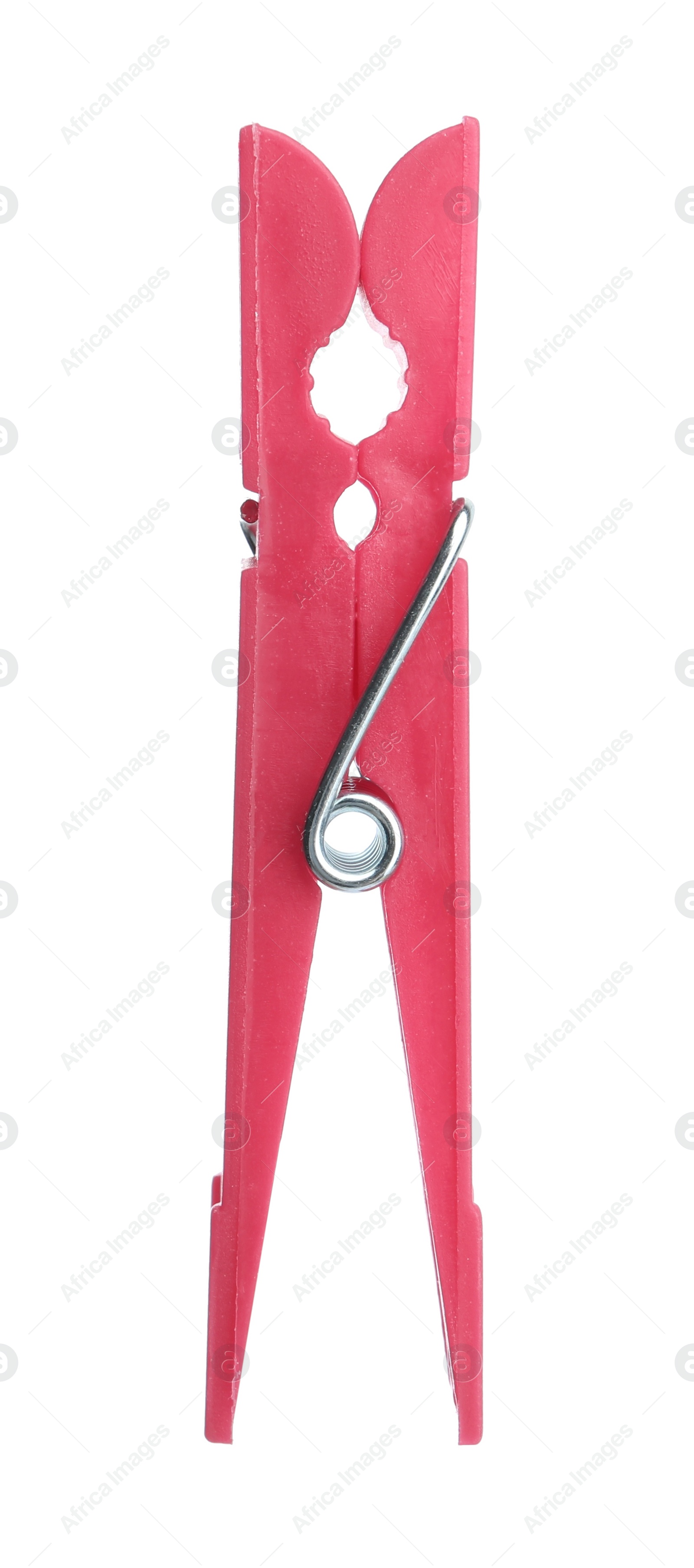 Photo of Bright pink plastic clothespin isolated on white