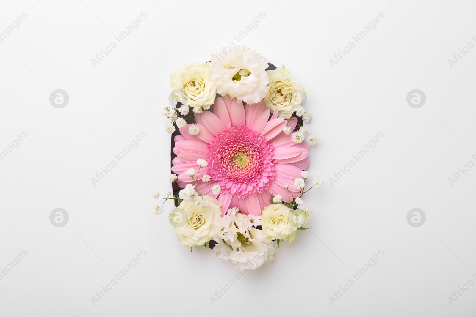 Photo of Number 0 made of beautiful flowers on white background, top view