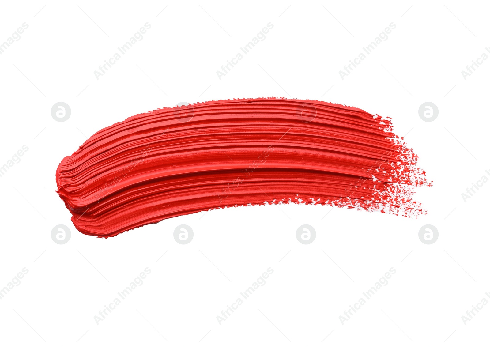 Photo of Red oil paint stroke on white background, top view