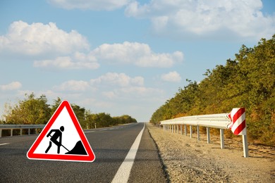 Image of Traffic sign Road Works on highway on sunny day