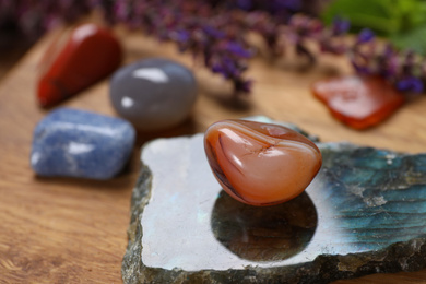 Photo of Different gemstones and healing herbs on wooden table, closeup