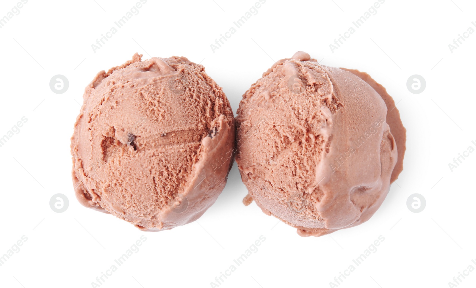 Photo of Tasty chocolate ice cream isolated on white, top view