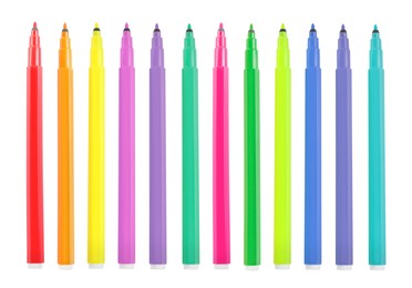 Image of Set with bright multicolored marker pens on white background