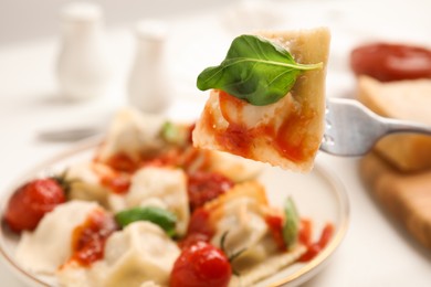 Photo of Fork with tasty ravioli, closeup. Space for text