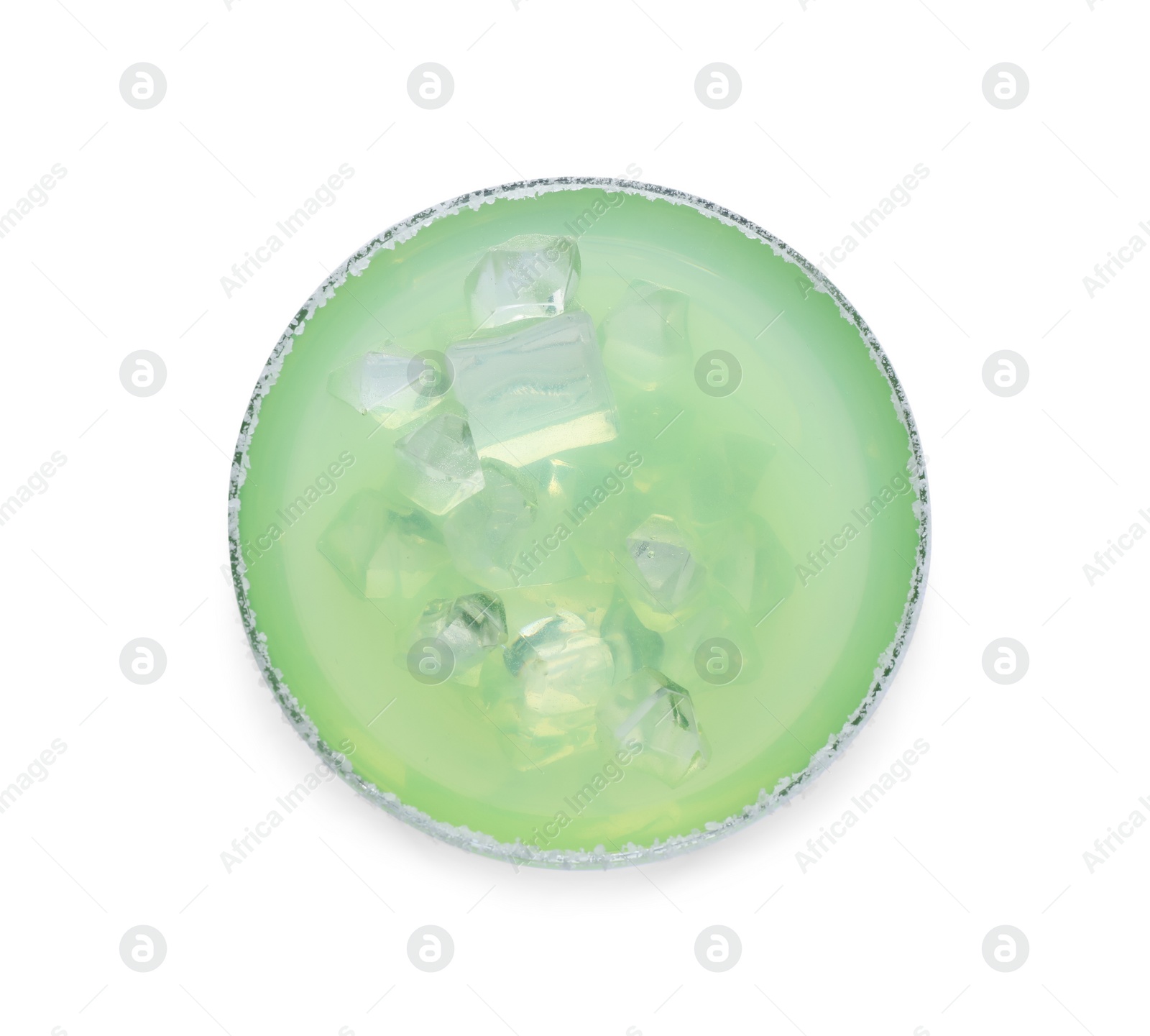 Photo of Delicious Margarita cocktail with ice cubes in glass isolated on white, top view