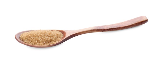 Photo of Wooden spoon with brown sugar isolated on white