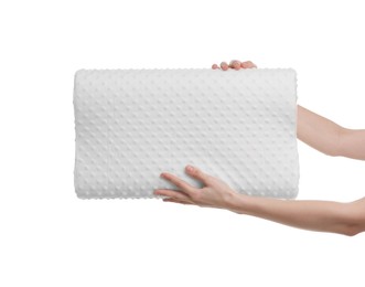 Woman with orthopedic pillow on white background, closeup