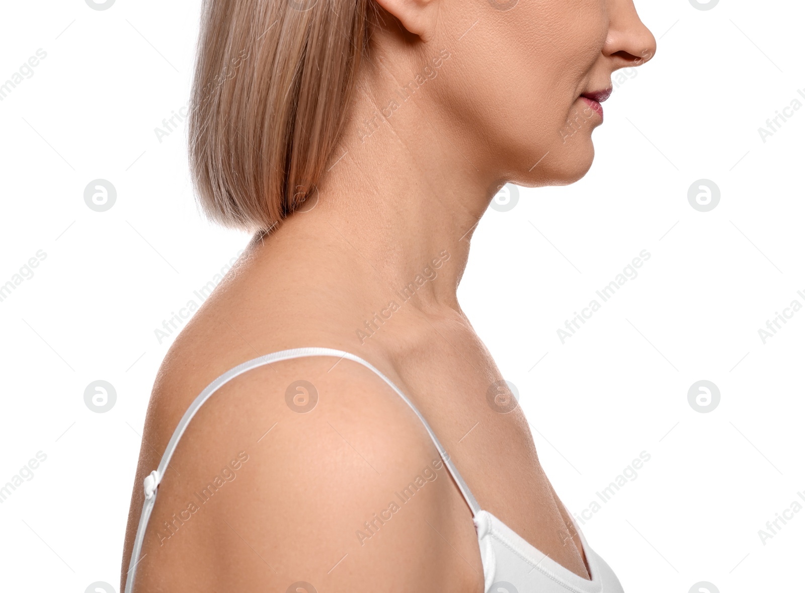 Photo of Woman with healthy skin on white background, closeup