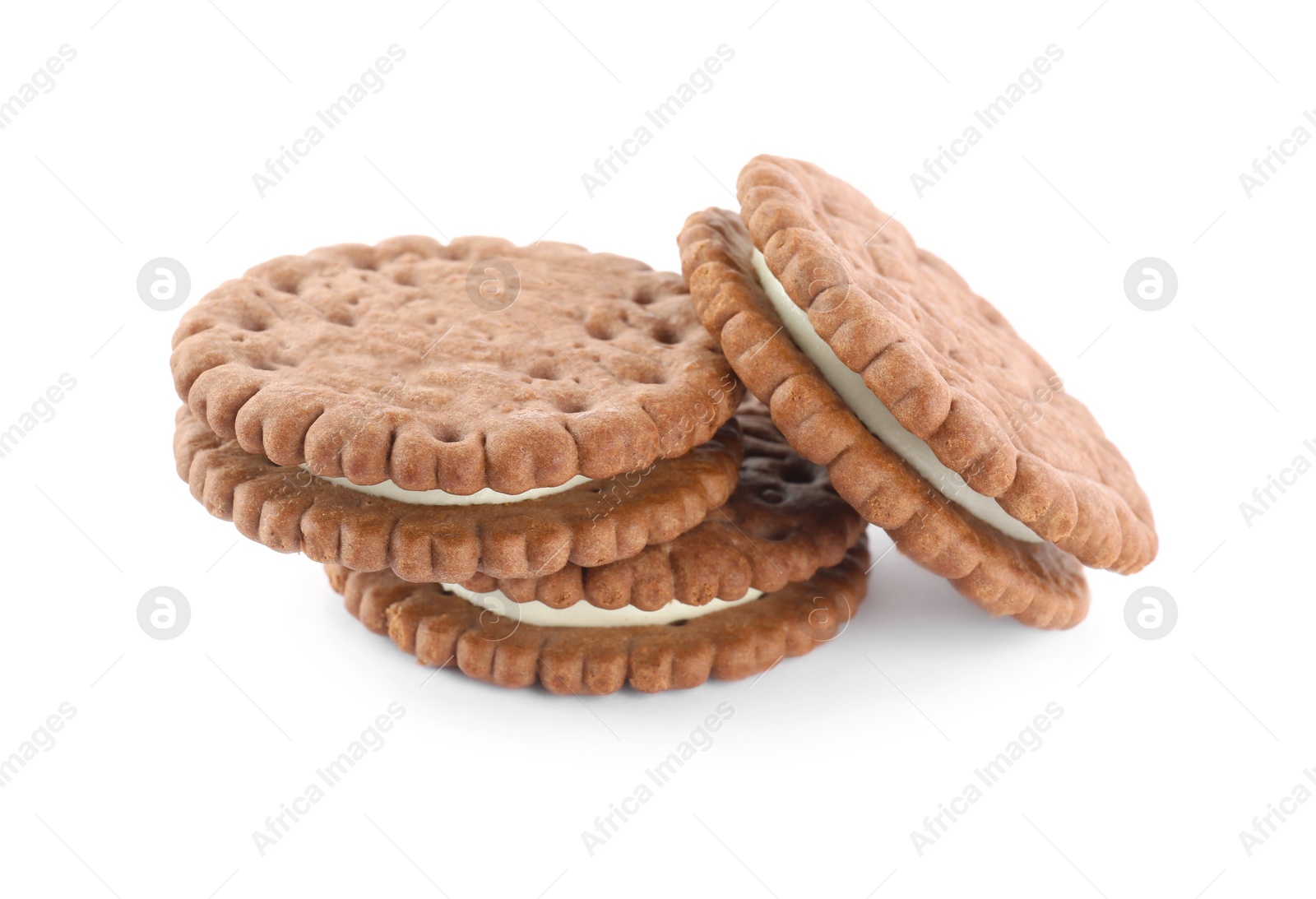 Photo of Tasty chocolate sandwich cookies on white background