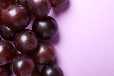 Photo of Fresh ripe juicy grapes on pink background, flat lay. Space for text