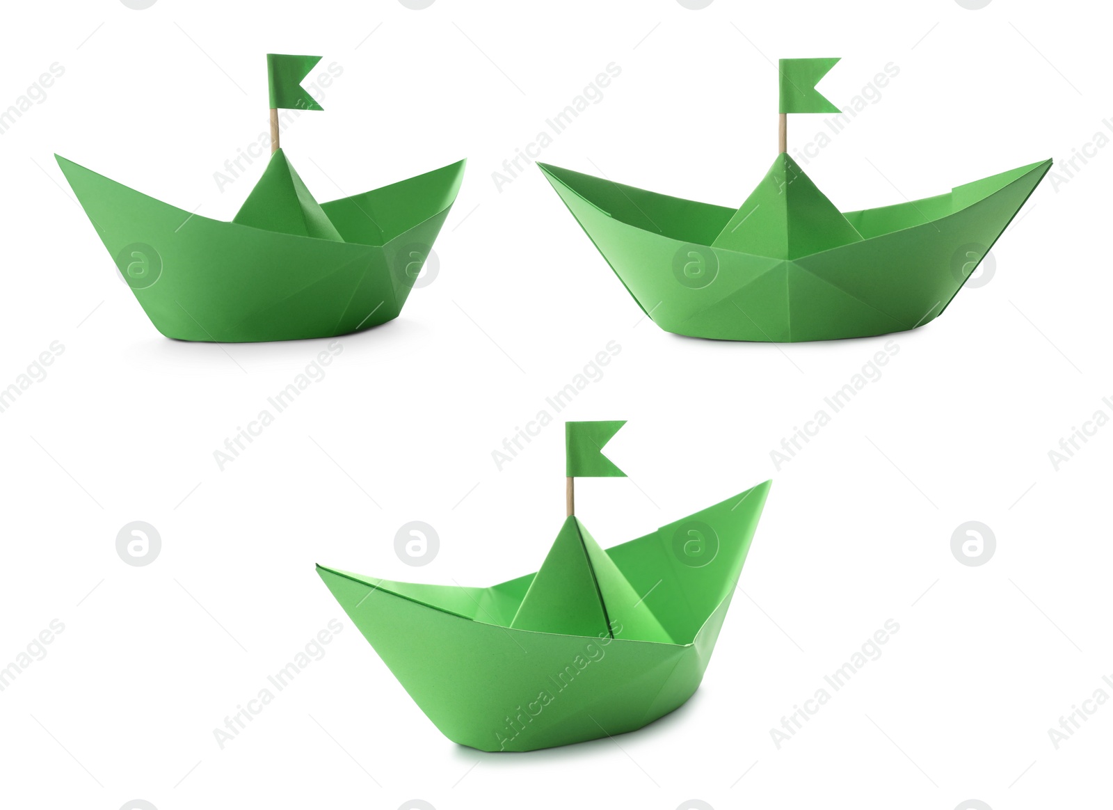 Image of Green paper boats with flags on white background, collage