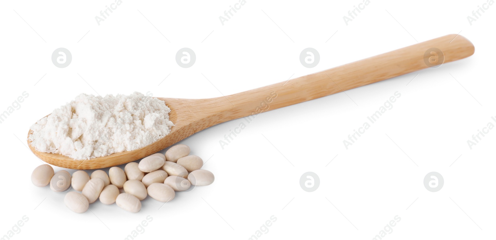 Photo of Wooden spoon with flour and kidney beans isolated on white