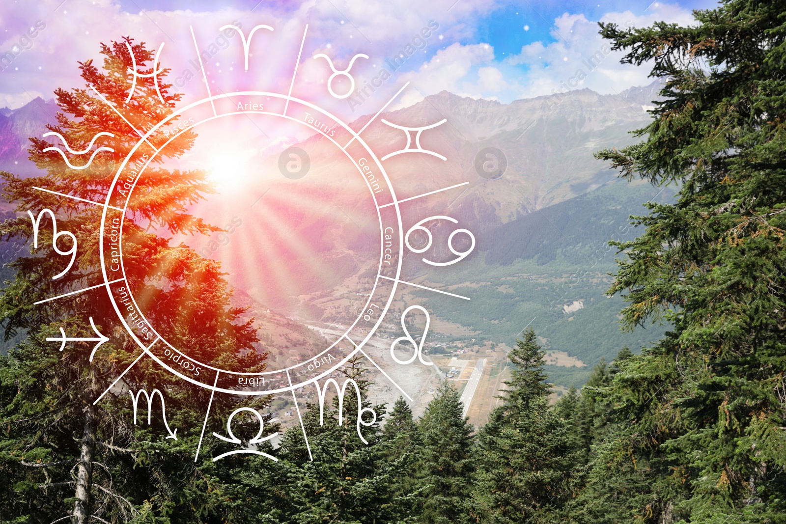 Image of Zodiac wheel and green conifer forest in mountains