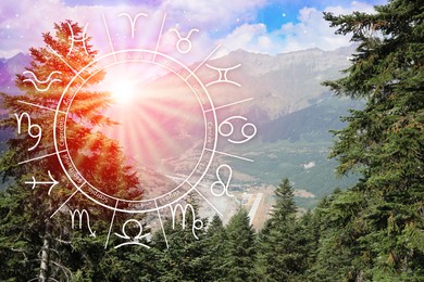 Image of Zodiac wheel and green conifer forest in mountains