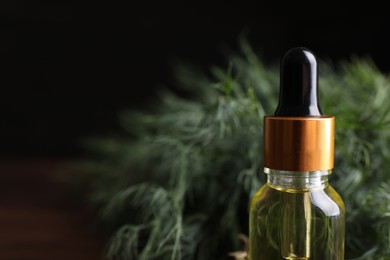 Bottle of essential oil and fresh dill on table, closeup. Space for text