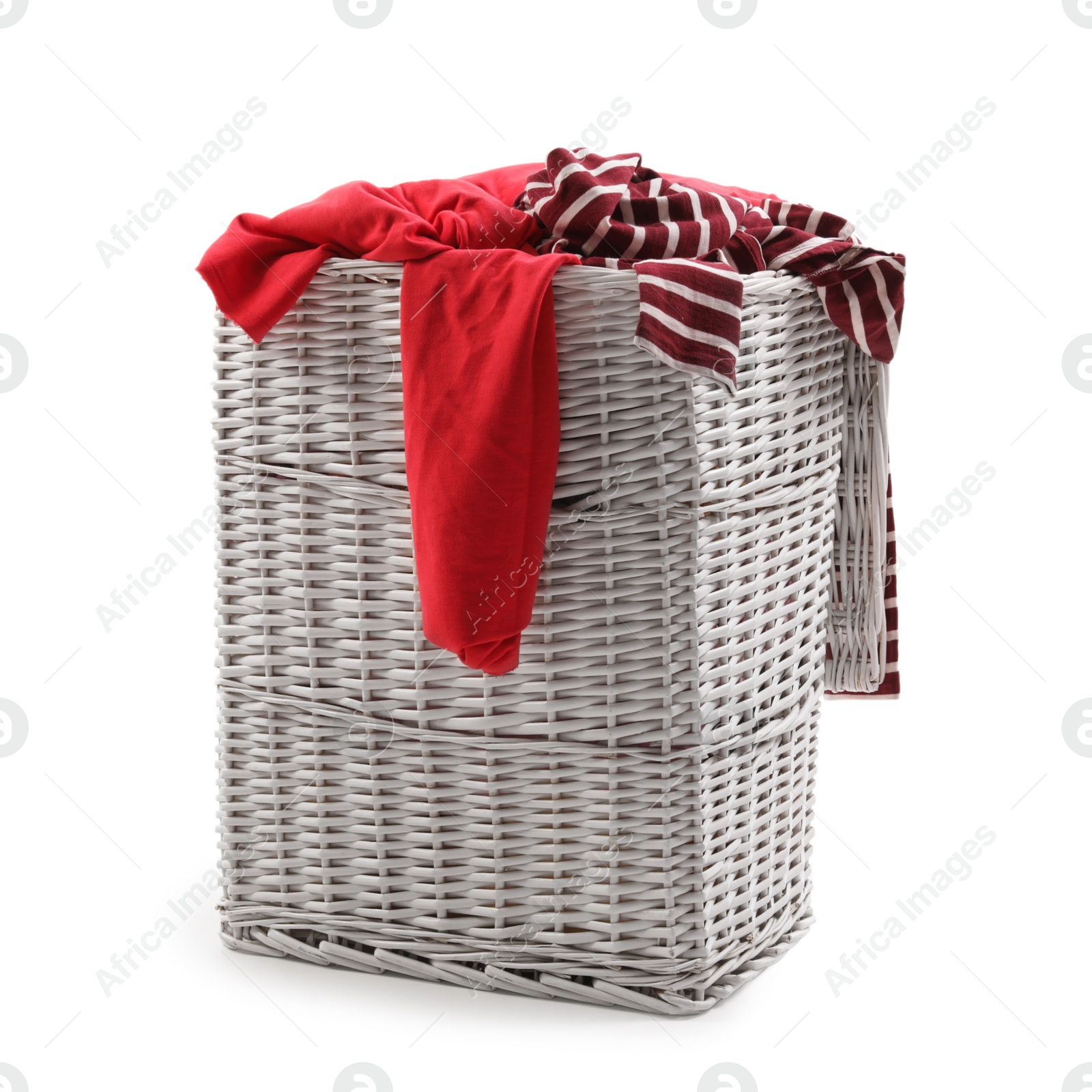 Photo of Laundry basket with dirty clothes isolated on white