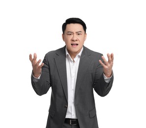 Photo of Angry businessman in suit screaming on white background