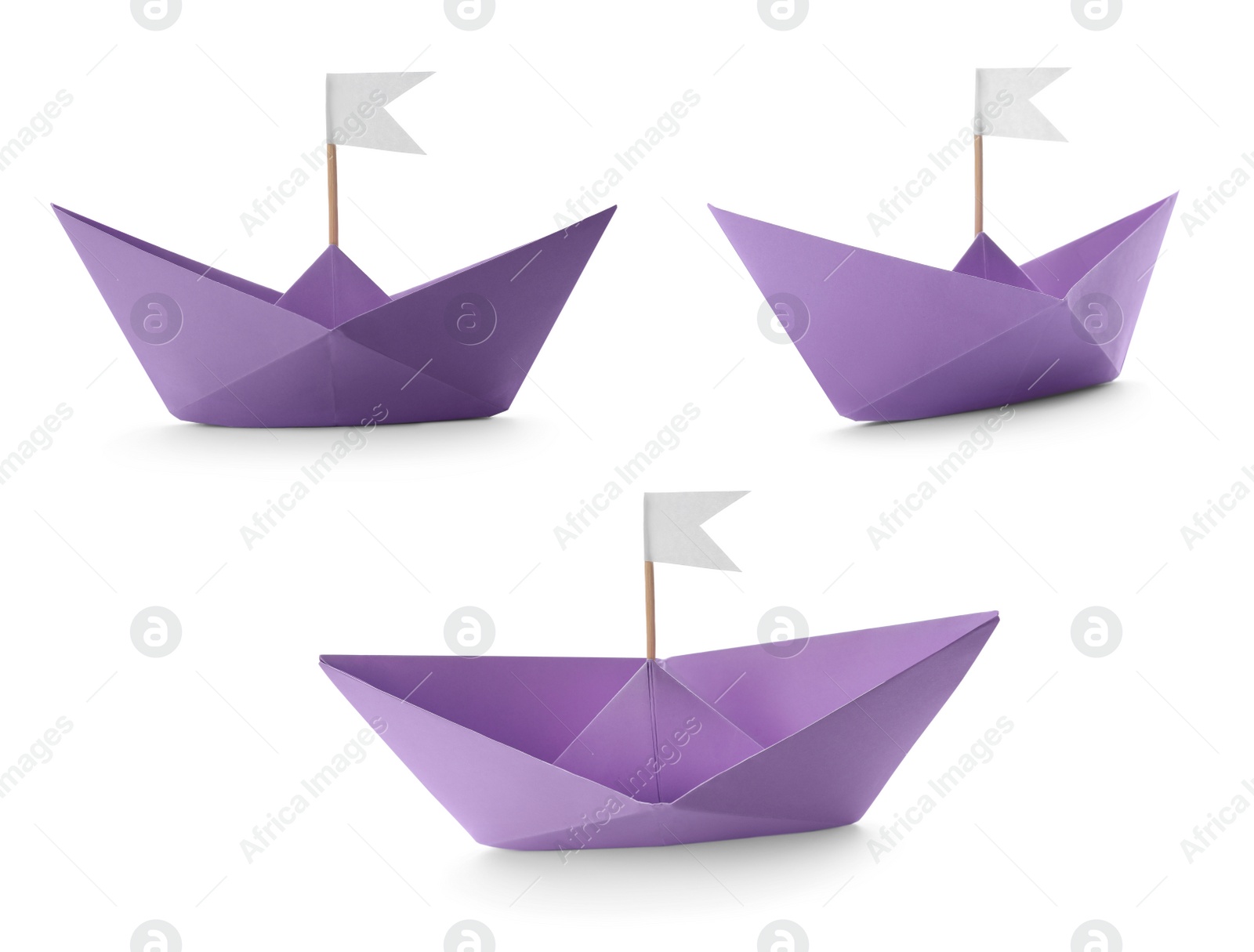 Image of Violet paper boats with flags on white background, collage