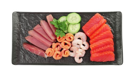 Photo of Delicious sashimi set of tuna, salmon and shrimps served with cucumbers and parsley isolated on white, top view