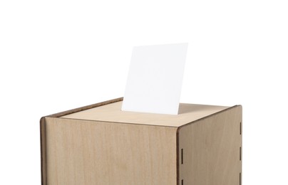 Wooden ballot box with vote isolated on white