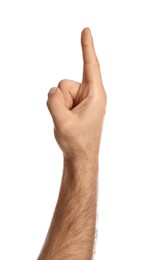 Photo of Man pointing at something on white background, closeup. Finger gesture