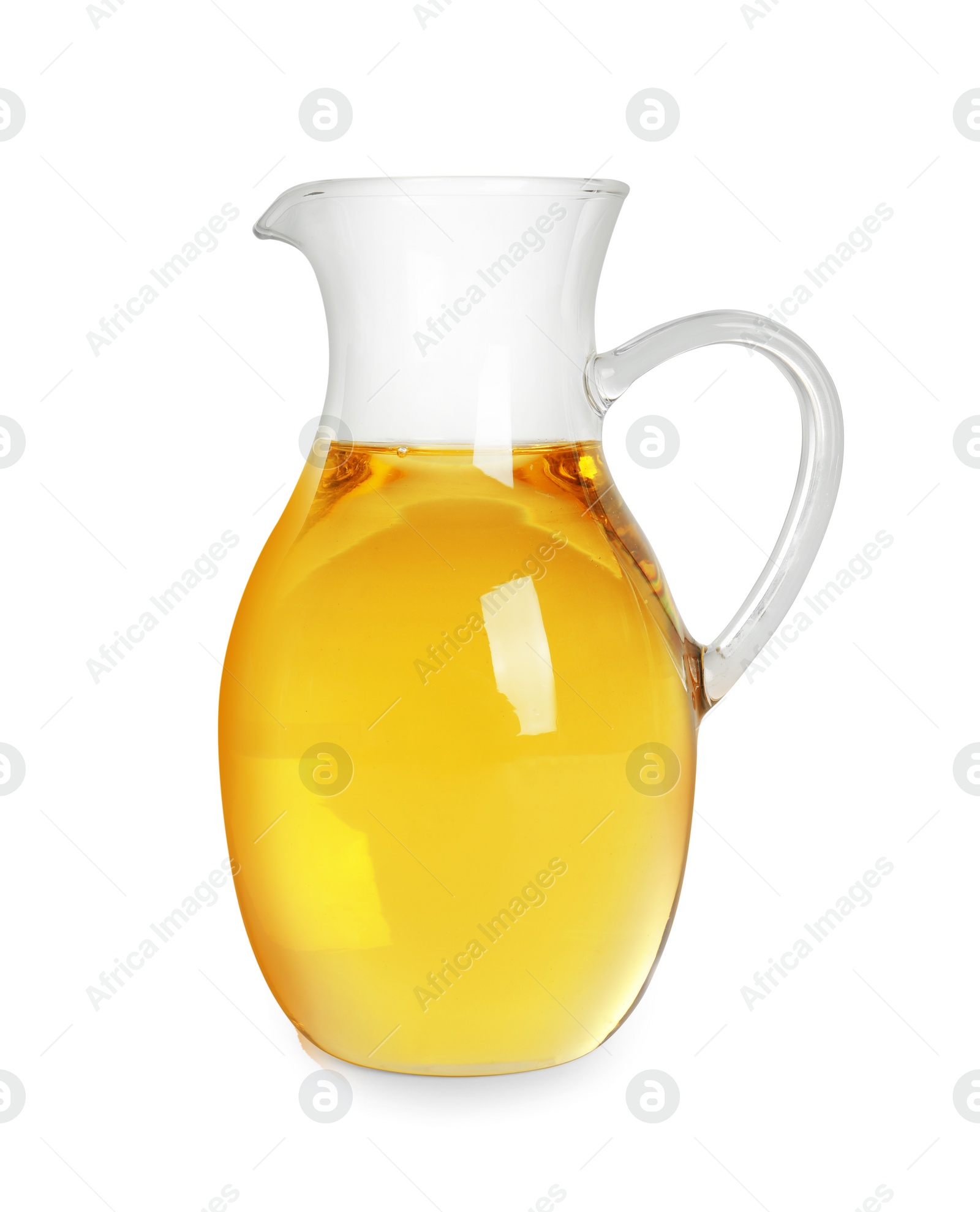 Photo of Glass jug of cooking oil isolated on white