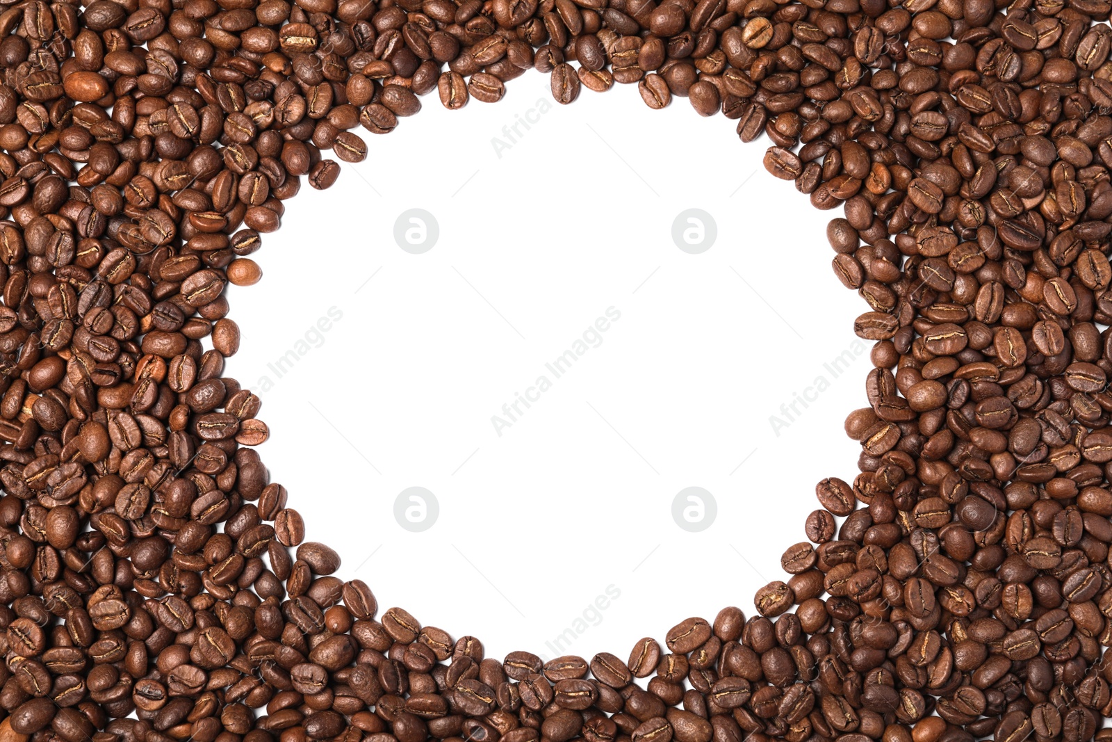 Photo of Frame of roasted coffee beans on white background, top view