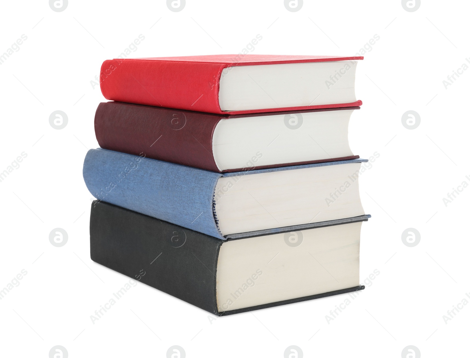 Photo of Many different books stacked on white background