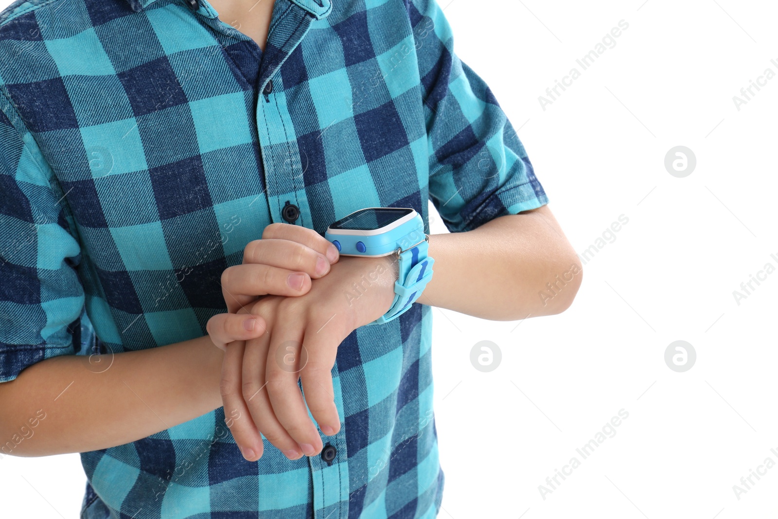 Photo of Boy with stylish smart watch on white background, closeup