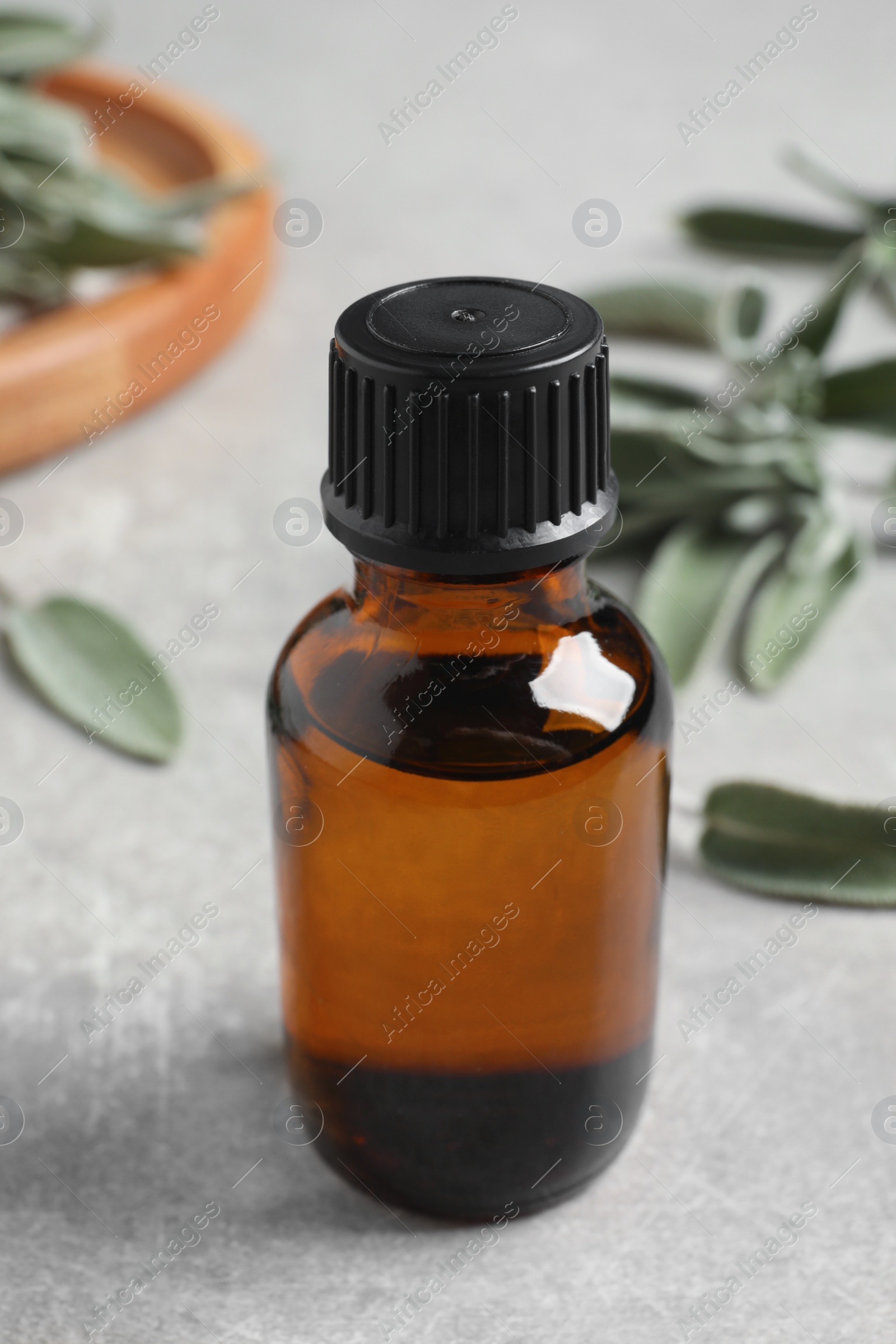 Photo of Bottle of essential sage oil and leaves on light grey table