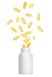 Image of Vitamin. Softgel capsules falling into bottle on white background