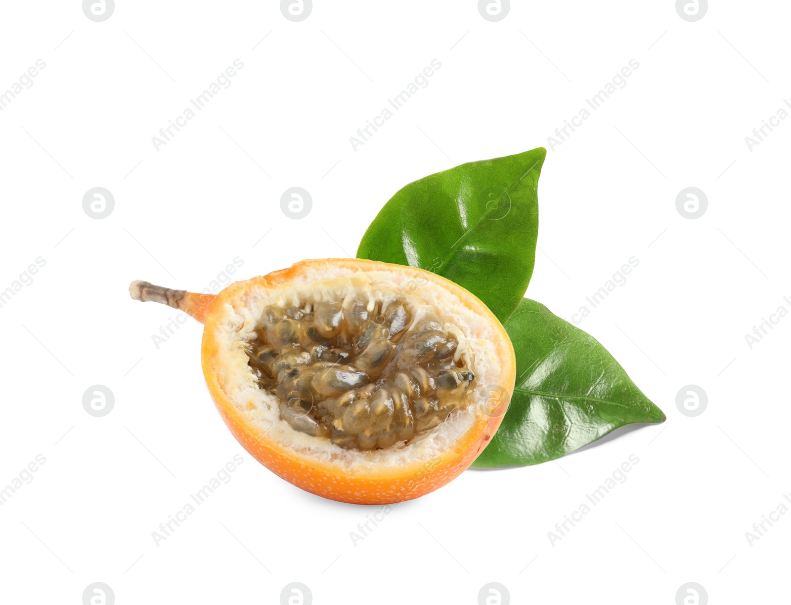 Image of Tasty ripe granadilla and green leaves on white background