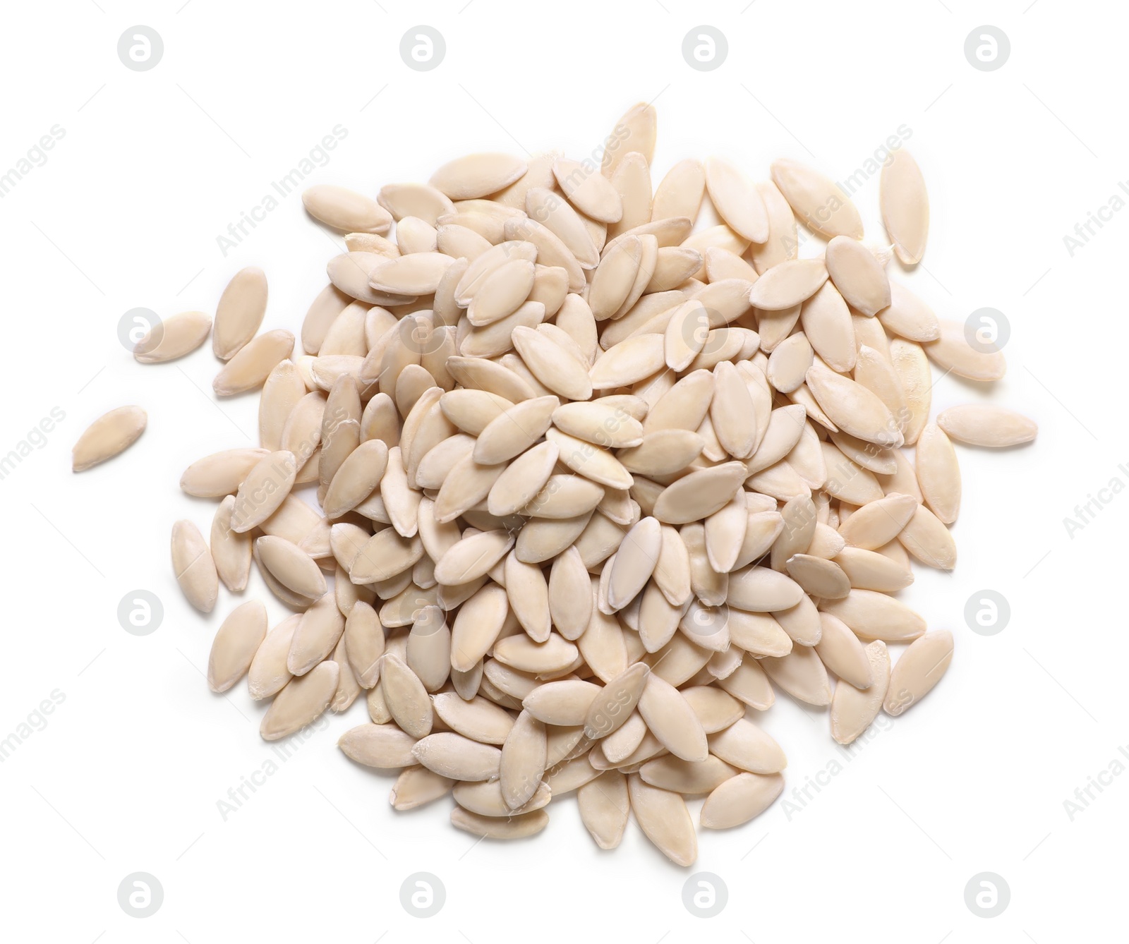 Photo of Pile of cucumber seeds on white background, top view