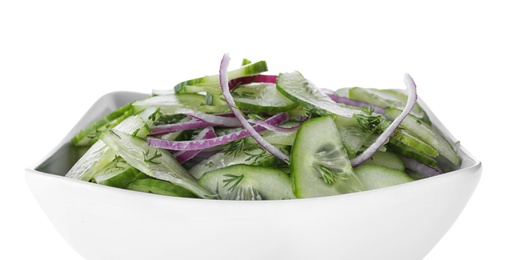 Photo of Fresh tasty salad with cucumber in bowl on white background