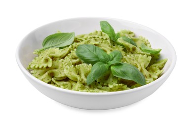 Delicious pasta with pesto sauce and basil isolated on white