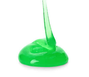 Flowing green slime on white background. Antistress toy