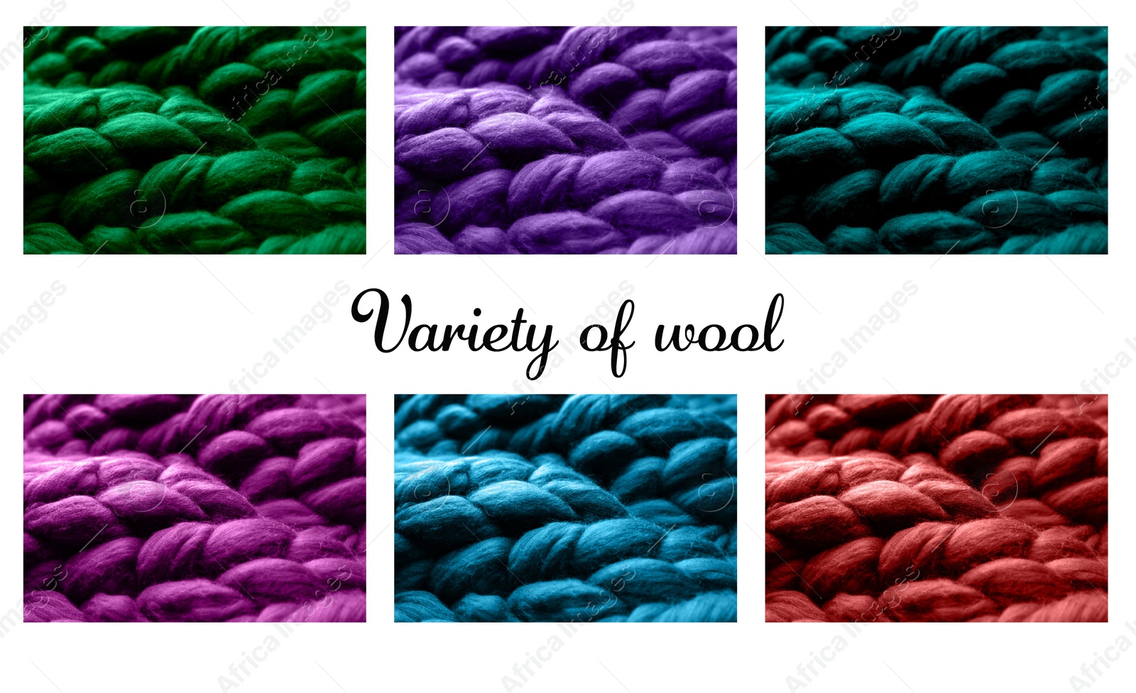 Image of Samples of different wool on white background, collage. Color palette