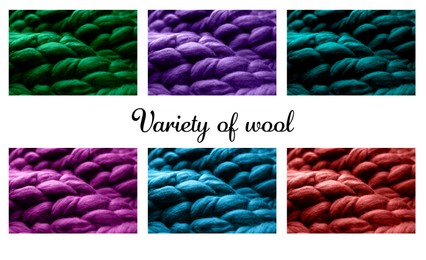 Image of Samples of different wool on white background, collage. Color palette