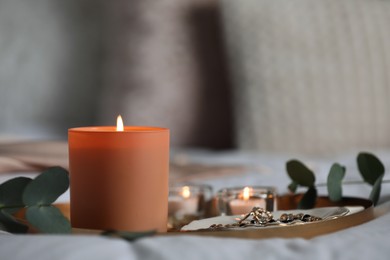 Photo of Tray with beautiful candles and eucalyptus on bed, space for text