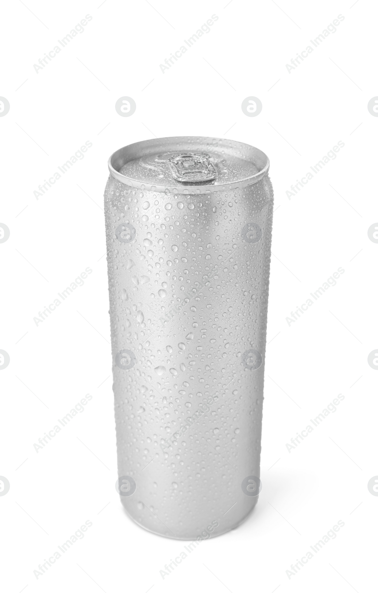 Photo of Empty aluminum can with beverage on white background. Mockup for design