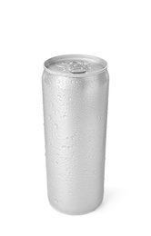 Photo of Empty aluminum can with beverage on white background. Mockup for design