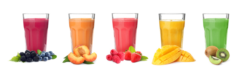 Image of Different delicious smoothies in glasses on white background. Banner design