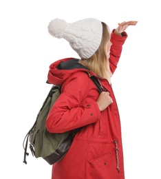 Photo of Woman with backpack on white background. Winter travel