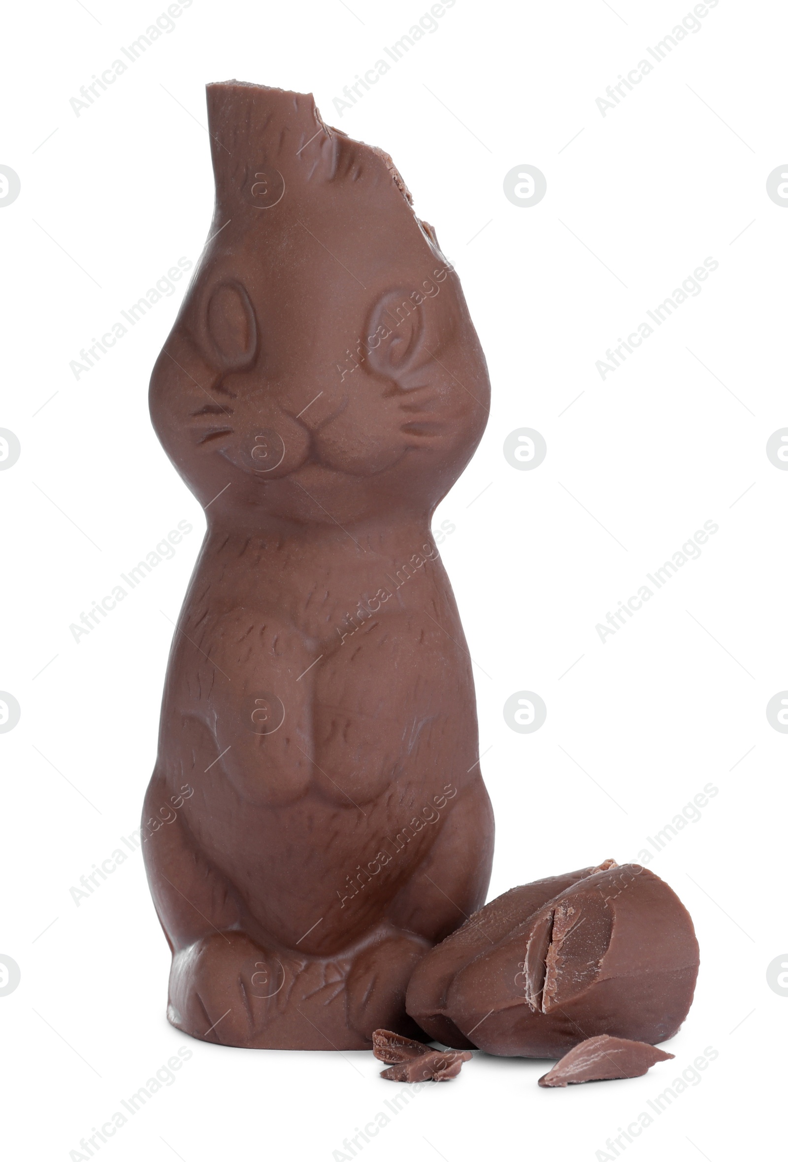 Photo of Broken chocolate Easter bunny isolated on white