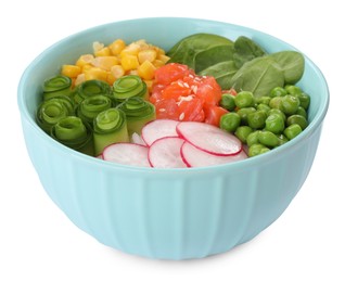 Photo of Delicious salad with salmon and vegetables in bowl isolated on white