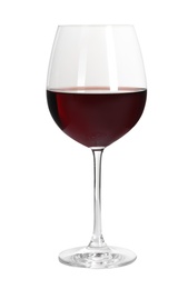 Photo of Glass of delicious expensive red wine on white background