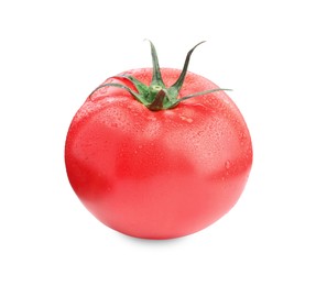 Photo of One red ripe tomato with water drops isolated on white