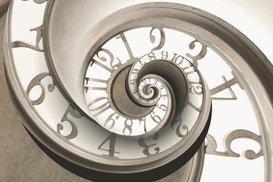 Image of Infinity and other time related concepts. White clock face twisted in spiral, fractal pattern